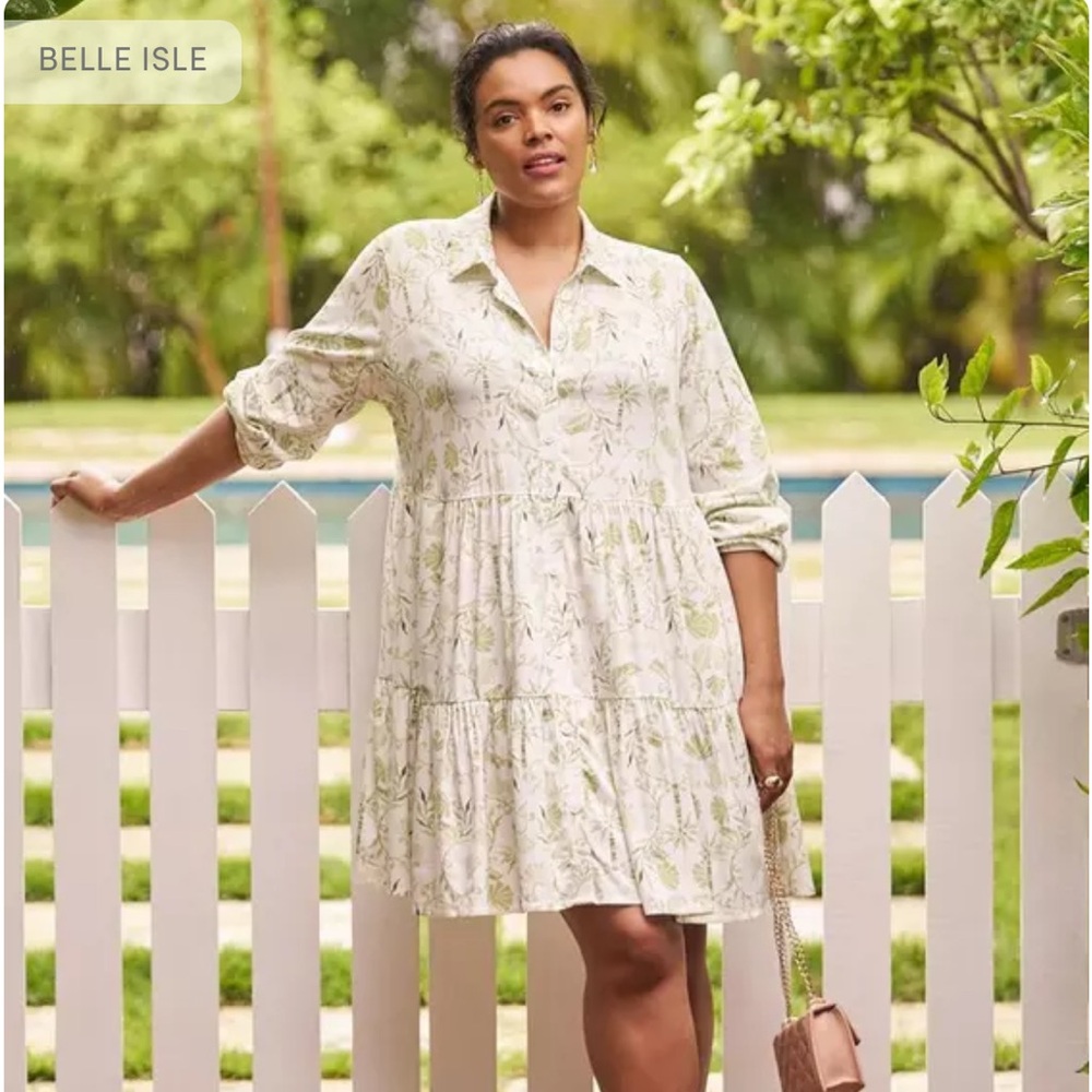 torrid Cream Dress with Green Floral Print - Tiered Button-Front